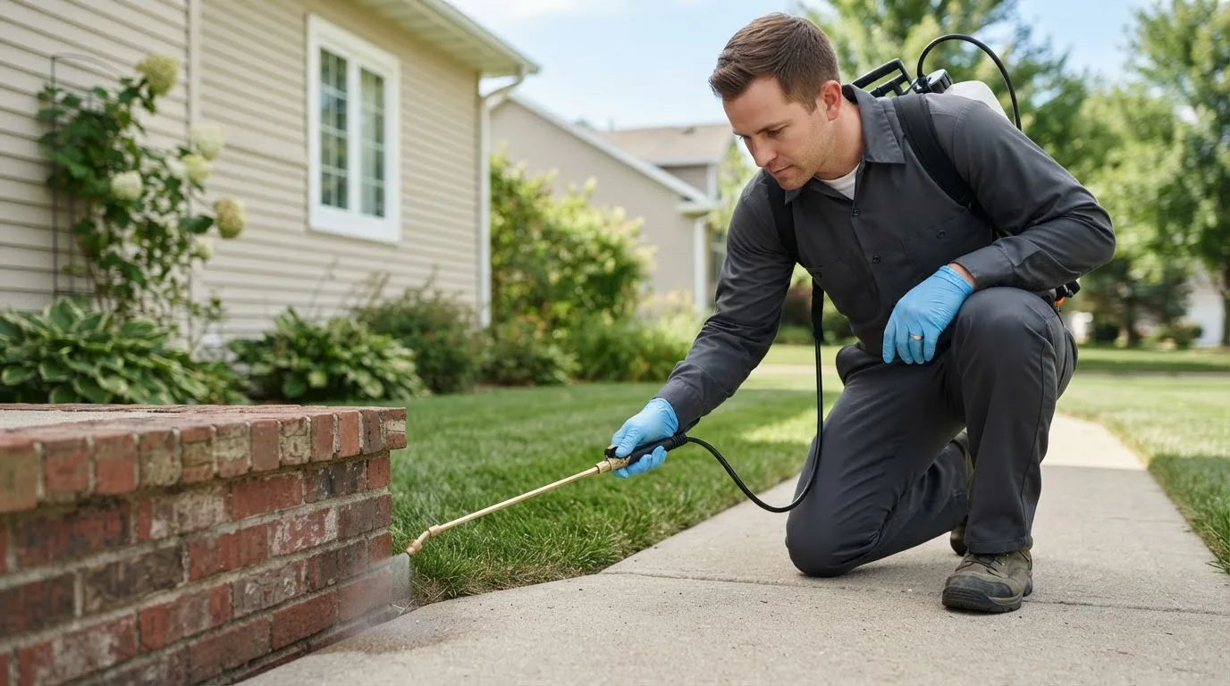 Pest control technician treating a home near Benton City, MO