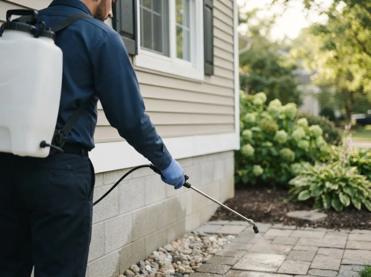 Pest control technician inspecting a home in Benton City, MO